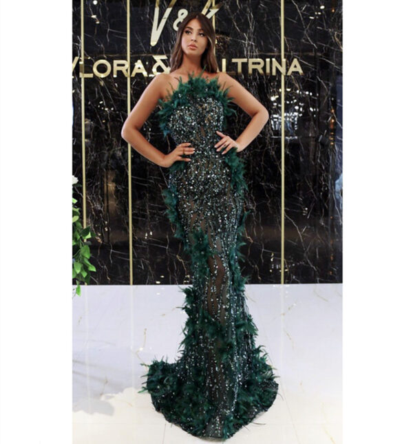 Luxury Green Feather Sleeveless Maxi Long Gowns Evening Party Dress