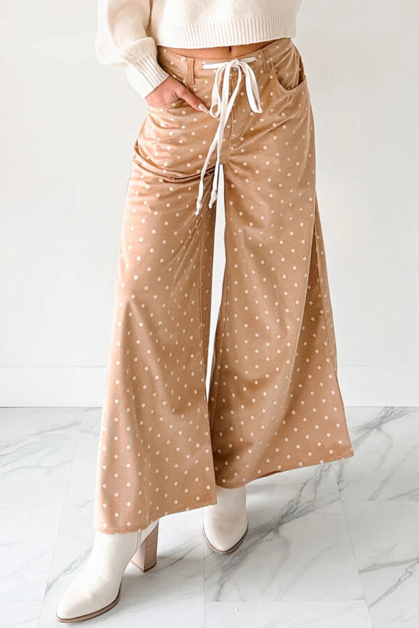 99128027-550b9656b3c59226.jpg Khaki Polka Dot Print Drawstring Wide Leg Pants