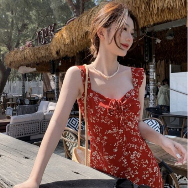French Style Red Floral Strap Dress for Women