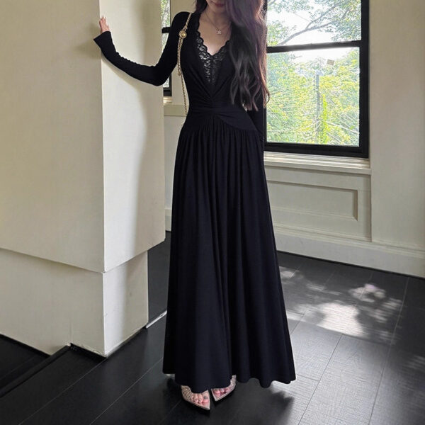 564075489 Lace Splicing Pure Desire Style V-Neck Long Sleeve Dress