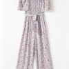 White Smocked Short Sleeve Wide Leg Floral Print Jumpsuit
