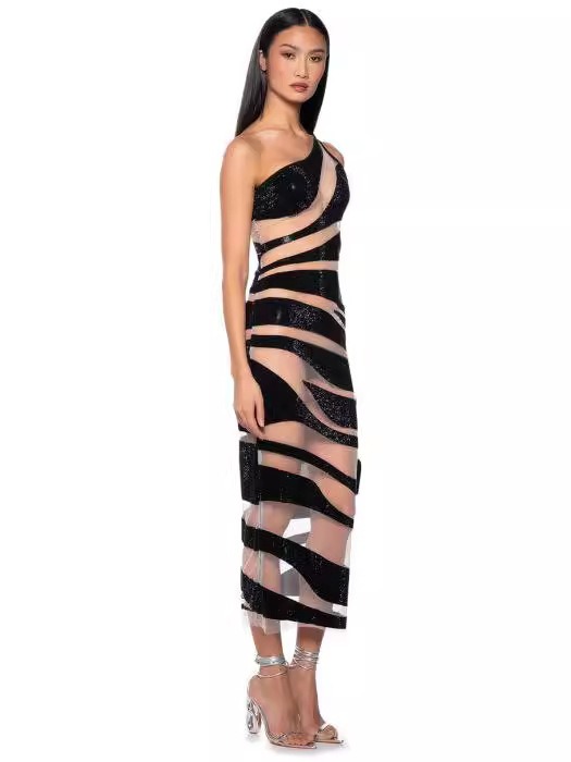 565302240 Single Shoulder Mesh Silver Stripe Sexy Tight Bandage Long Party Dress