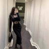 564075442 Black Mesh Panel Hollow Out Long Sleeve Dress