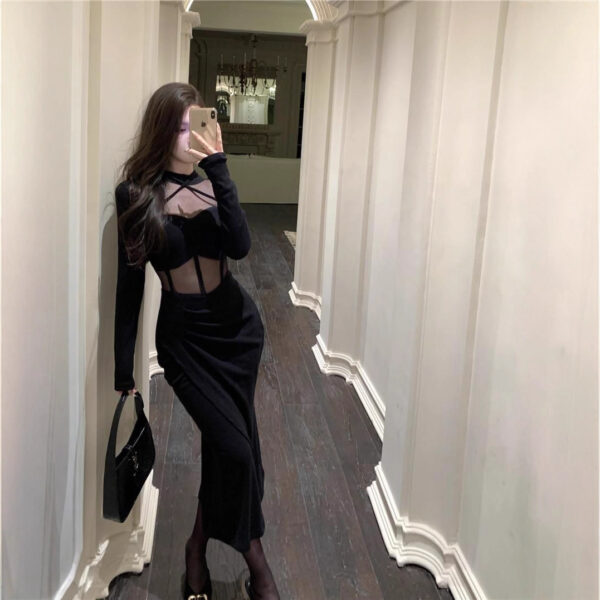 564075442 Black Mesh Panel Hollow Out Long Sleeve Dress