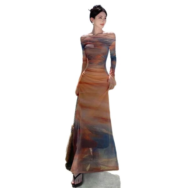 564075408 French Style Chic Sunset Tie-Dye Off-Shoulder Printed Mesh Dress