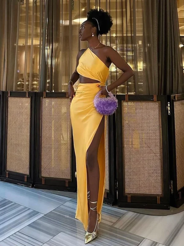 One-Shoulder Sleeveless High Split Nigh Club Party Dress