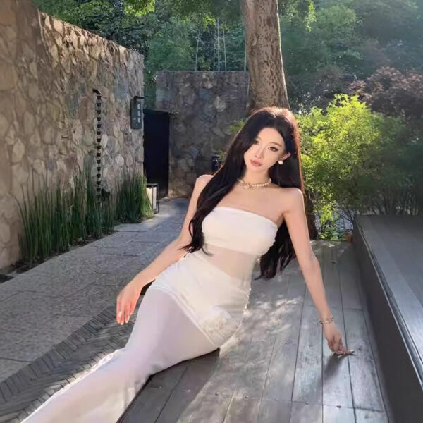 564075041 Elegant Bohemian Sexy Sheer Mesh Floral Strapless Dress