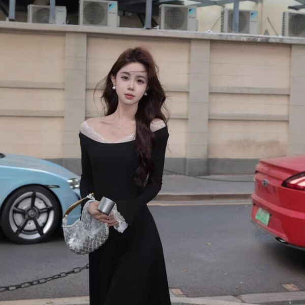 564075485 French Style Lace Spliced Off-Shoulder Midi Dress