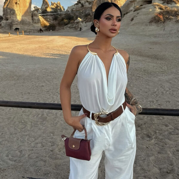 Fashionable Solid-Color Low-Cut  Plunging Neckline Metal Halter Bodycon Tank Top