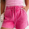 Rose Red Mineral Washed Drawstring Elastic Waist Raw Cut Shorts