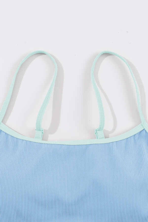 Beau Blue Stylish Ribbed Contrast Trim Spaghetti Straps 2pcs Bikini Swimsuit