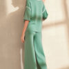 Blackish Green Contrast Trim Half Sleeve Top Drawstring Pants Loose 2pcs Sweater Suit