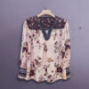 V-Neck Lace-Patchwork Long-Sleeve Floral Print Womens T-Shirt