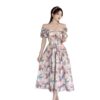 Chic French Style Square Neck Bubble Sleeve Floral Print Midi Dress