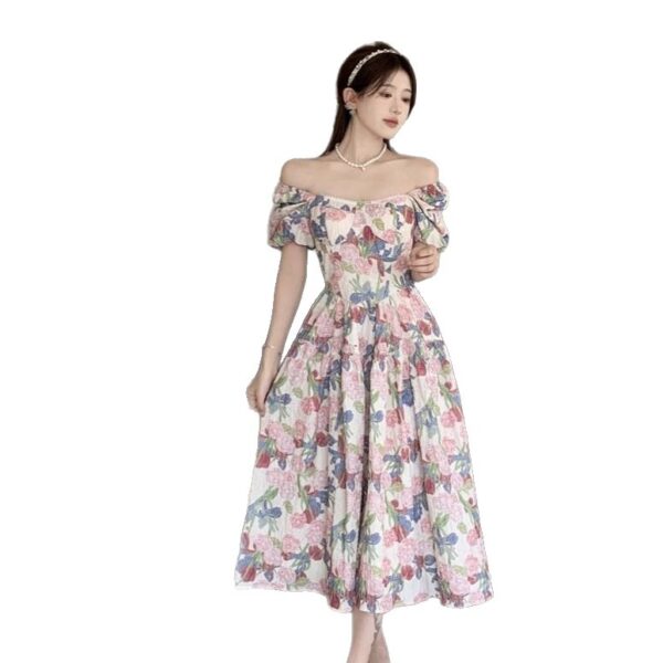 Chic French Style Square Neck Bubble Sleeve Floral Print Midi Dress