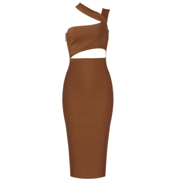 565301896 One Shoulder Midi Dress Sexy Waist Hollow Out Design Celebrity Party Club Bandage Dress