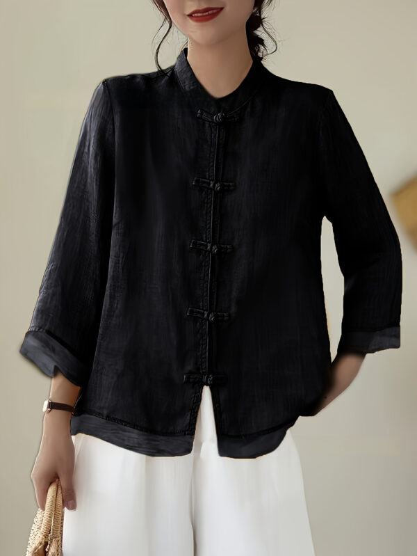 Chinese-style Patchwork Button-Placket Cropped-Sleeve Loose-fit Retro Chinese-style Shirt