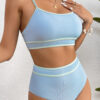 Beau Blue Stylish Ribbed Contrast Trim Spaghetti Straps 2pcs Bikini Swimsuit