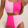 Pink Corded Colorblock Square Neck Bikini Swimsuit