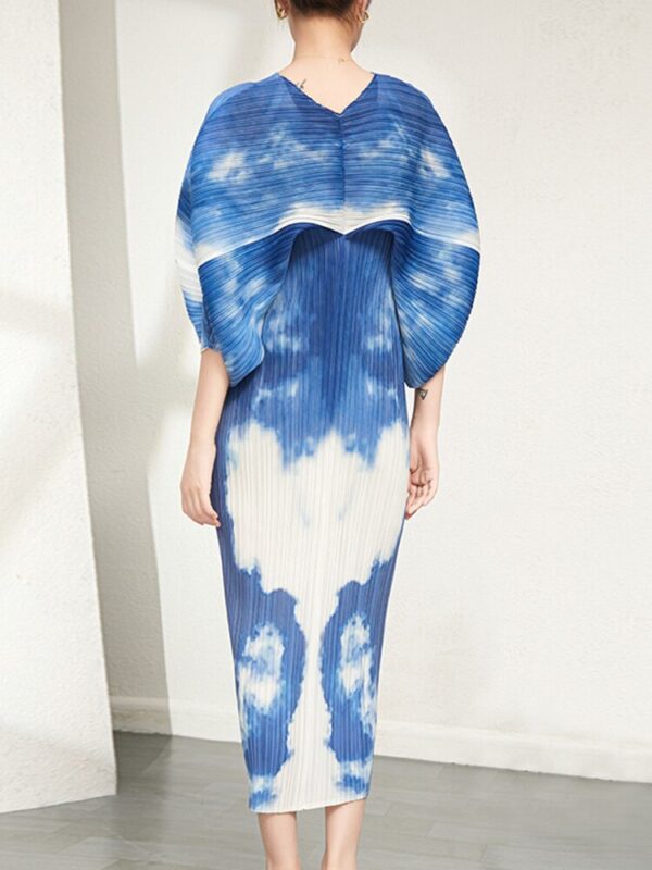 565302399 Pleated Irregular Batwing V Neck Elegant Autumn Print Casual Pullover Dress