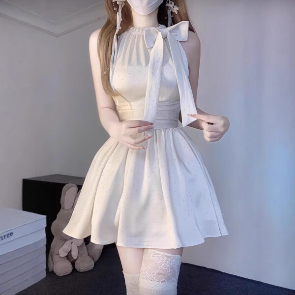 564075569 Sweet Style Diamond Embellished Bow Sleeveless Halter Dress