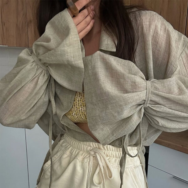 Stylish Design-forward Loose-fit Long-sleeve Shirt With A Turn-down Collar And Tie Details