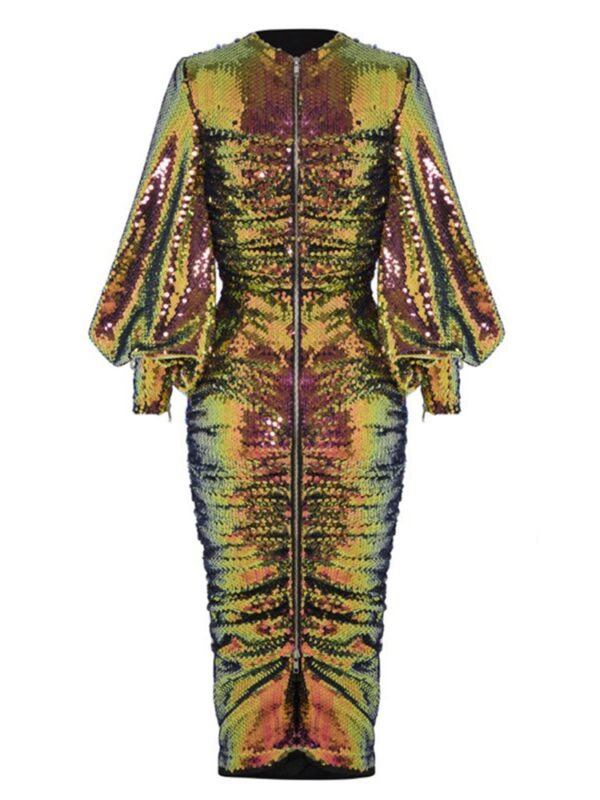 Elegant Midi Dress New Round Neck Long Sleeve Evening Party Dresses