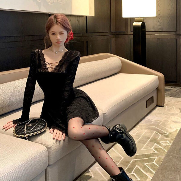 Sensual Lace Spliced Long Sleeve Dress for Women
