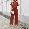 6c2cd932-6179-4a85-8508-2199fe2e0351.jpg Women's Fashion Solid Color With Belt Round Neck Jumpsuit