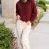 Apricot Bow Print Drawstring Elastic Waist Loose Corduroy Pants