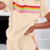 Beige Vibrant Striped Detail Athleisure 2pcs Short Set
