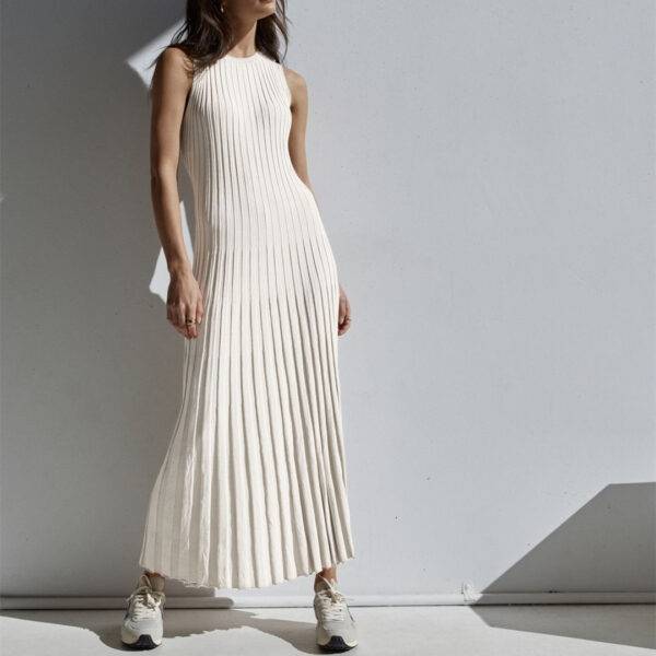 Casual Waist Tight Round Neck Big Pit Stripe Slimming Knitted Long Dress
