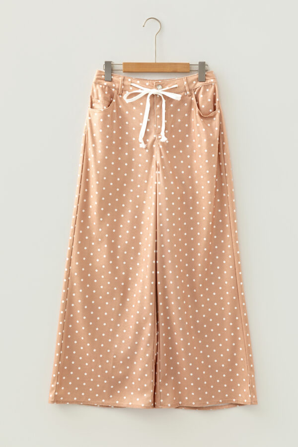 99128029-704011cab6e1918d.jpg Khaki Polka Dot Print Drawstring Wide Leg Pants