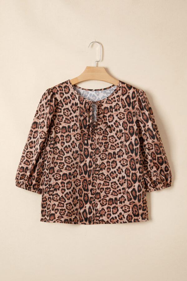 Brown Leopard Bow Tie Puff Sleeve Blouse