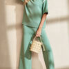 Blackish Green Contrast Trim Half Sleeve Top Drawstring Pants Loose 2pcs Sweater Suit