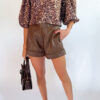 Brown Leopard Bow Tie Puff Sleeve Blouse