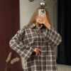 Womens Retro Plaid Shirt Jacket With Long Sleeves