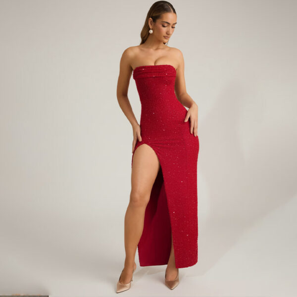 564074842 Elegant Strapless Slit Evening Dress for Party and Red Carpet Women's Formal Dress