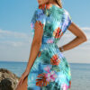 Sky Blue Tropical Print V Neck Semi Sheer Beach Cover Up Dress