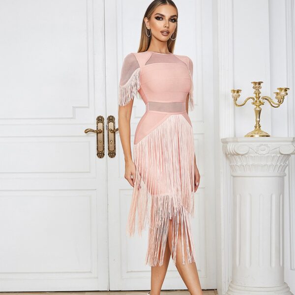 Tassel Bandage Skirt Tight Wrap Hip Fashionable Mesh Splice Party Dress