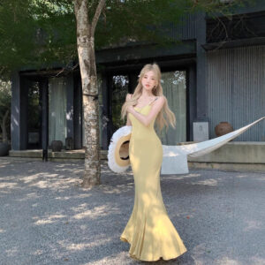 564075562 French Style Yellow Strap Dress for Women