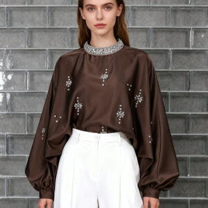 Round Neck Rhinestone Loose Solid Color Pullover Shirt