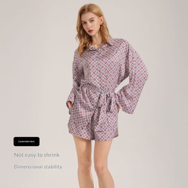 Retro-style Satin Long-sleeve Shorts Set For Women Fashionable Geometric-print Pajamas And Loungewear