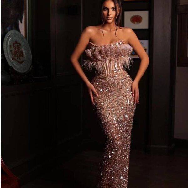 New Apricot Pink Tube Top Mesh Sequin Long Skirt Evening Dress