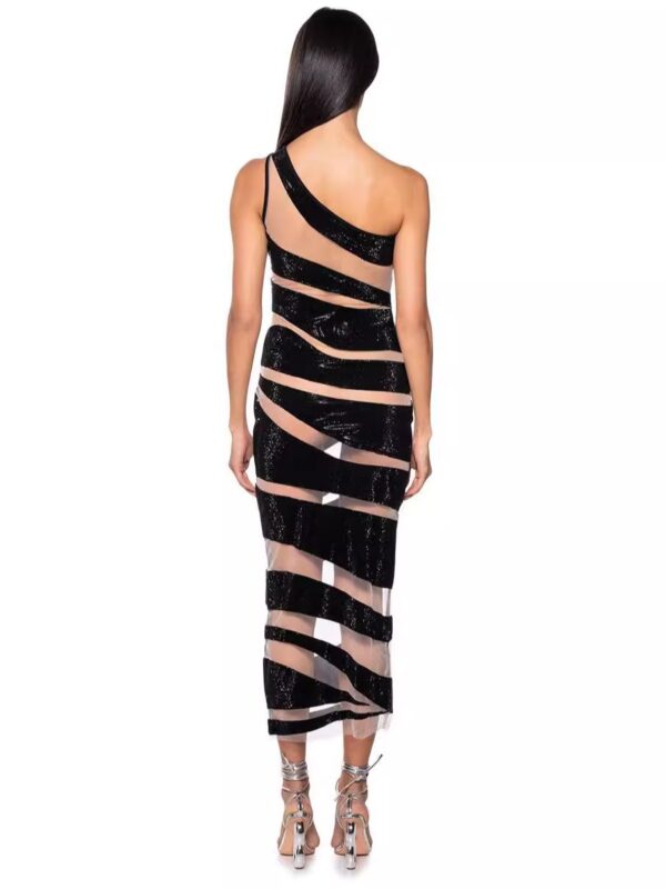 565302238 Single Shoulder Mesh Silver Stripe Sexy Tight Bandage Long Party Dress