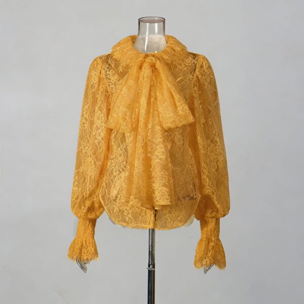 Lantern Sleeve Bow Tie Lace Embroidered Shirt