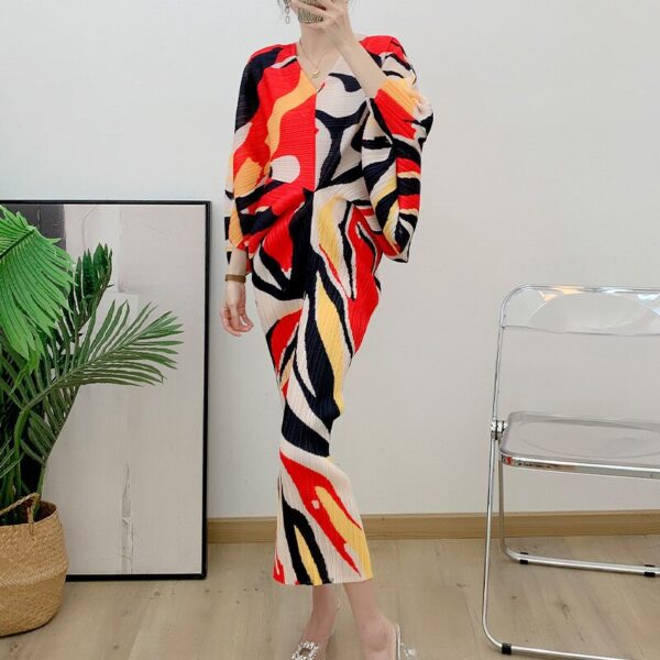 Printed Bat Sleeves Pleated Long Three-quarter Sleeve Party Dresses