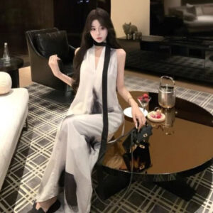 ew Style V-Neck Ink Painting Sleeveless Dress