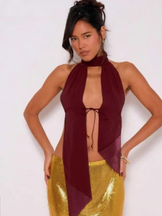 Sexy Stand Up Collar Halter Backless Lace Up Vest Top