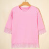 Pink Eyelash Floral Lace Patchwork Half Sleeve Oversize Tee